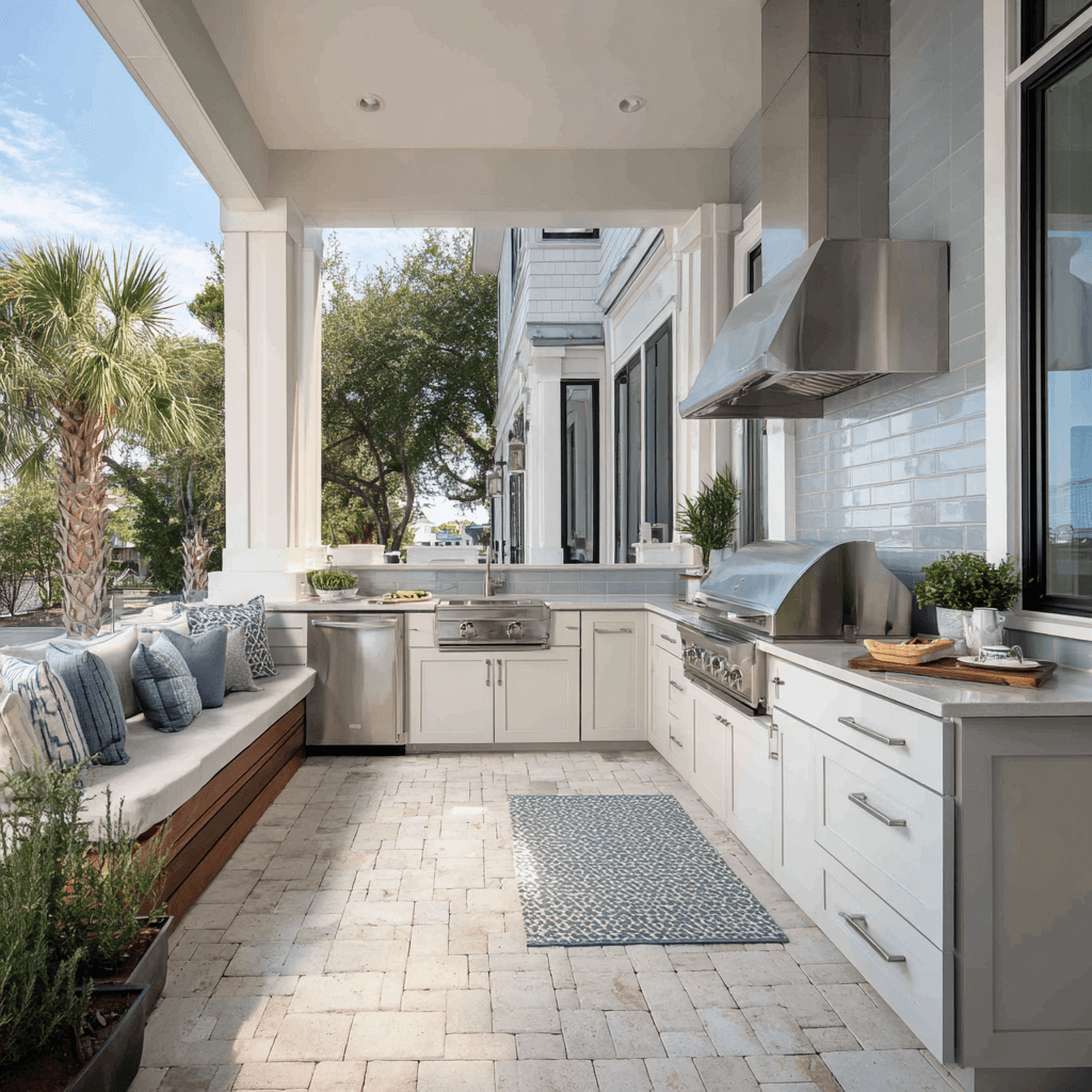 Full outdoor kitchen with built-in grill and stone facing