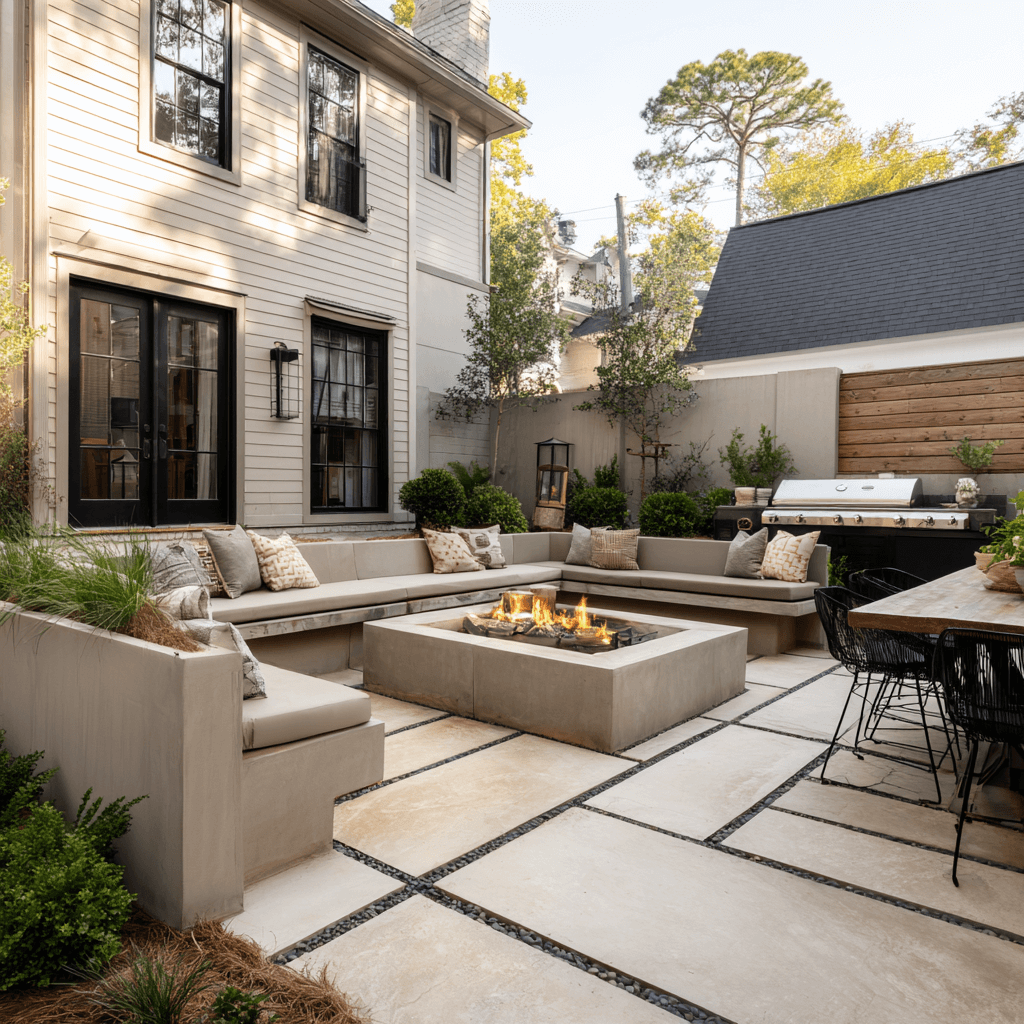 Modern large format paver patio with distinct living zones