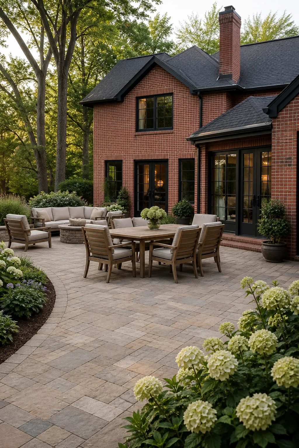 Warm greige and taupe paver patio complementing a red brick Upstate South Carolina home
