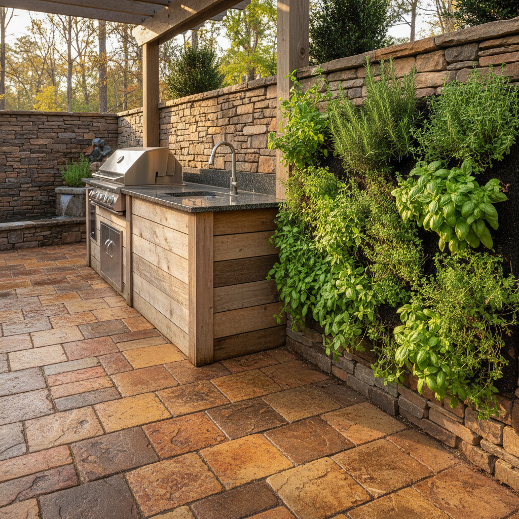 Natural stone outdoor kitchen with living herb wall and earth-tone pavers in Greenville SC backyard