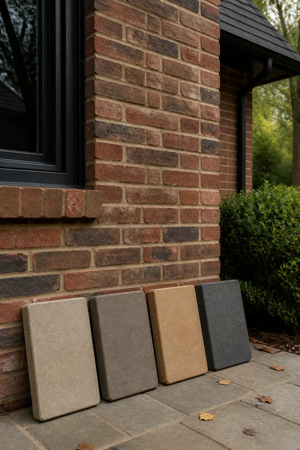 Warm greige, taupe, sandstone, and charcoal paver samples compared beside red brick and black trim