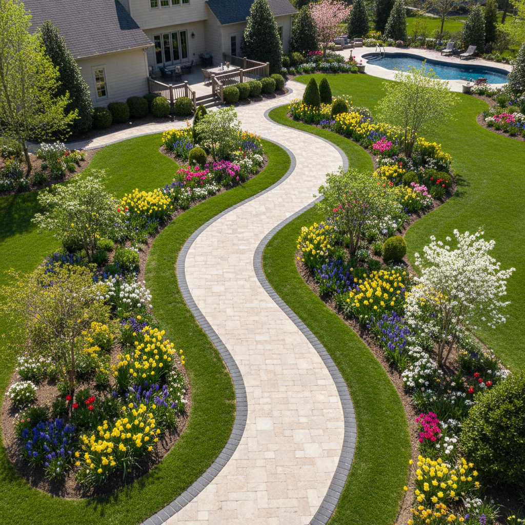 Curved Belgard paver walkway winding through a lush Greenville SC backyard landscape