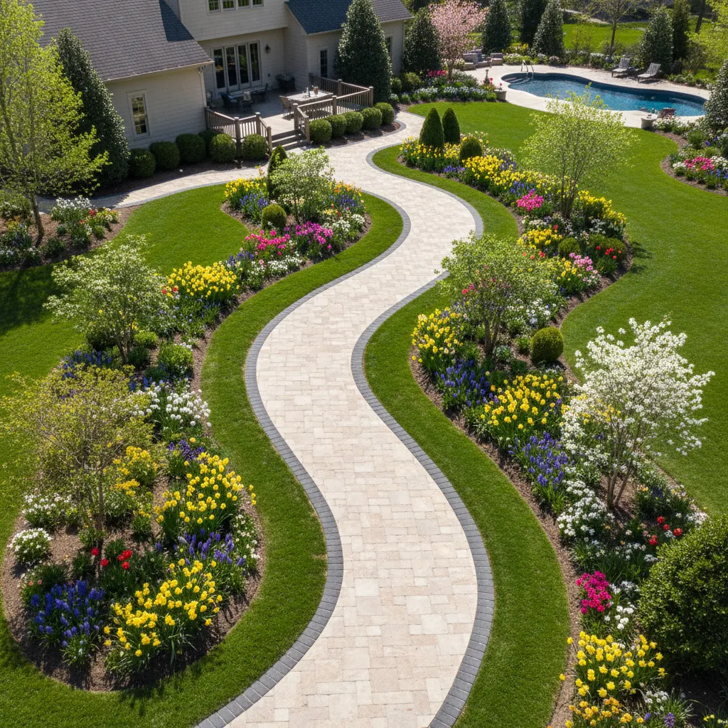 Curved Belgard paver walkway winding through a lush Greenville SC backyard landscape