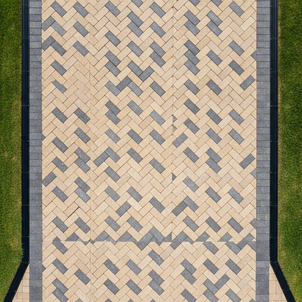 Herringbone pattern paver driveway installed at a Greenville SC home with warm-toned Belgard pavers