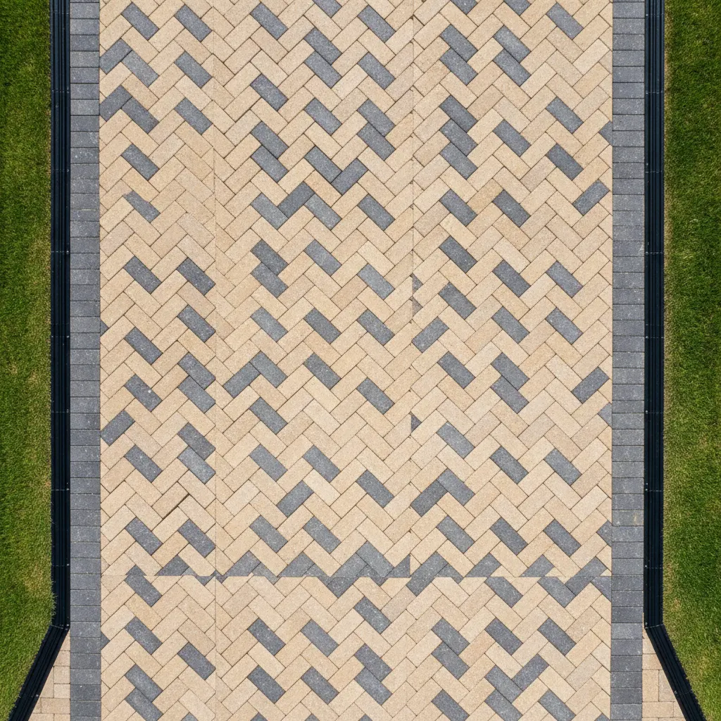Herringbone pattern paver driveway installed at a Greenville SC home with warm-toned Belgard pavers