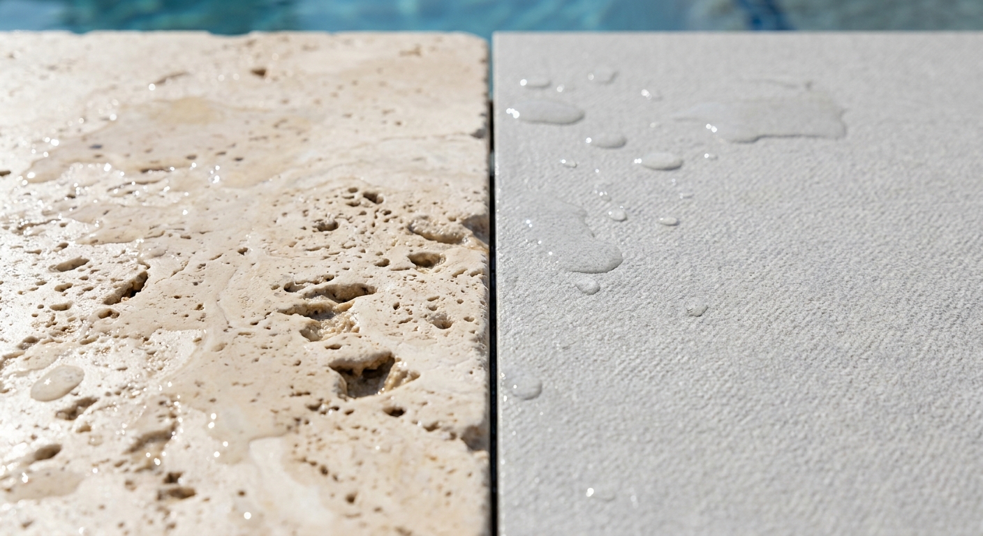 Close-up comparison of travertine and light porcelain pool pavers showing cool surface texture and non-slip finish for South Carolina pool surrounds
