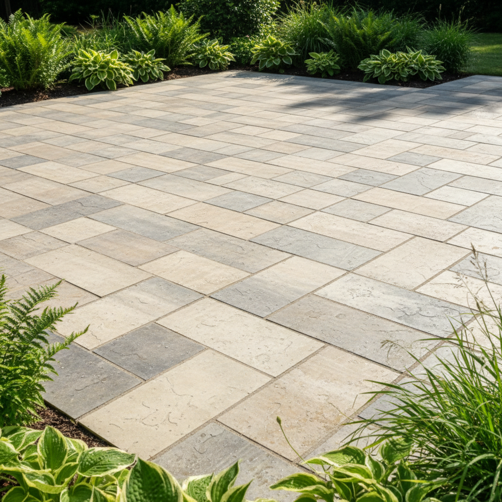 Porcelain paver patio installation in Greenville SC backyard with lush landscaping