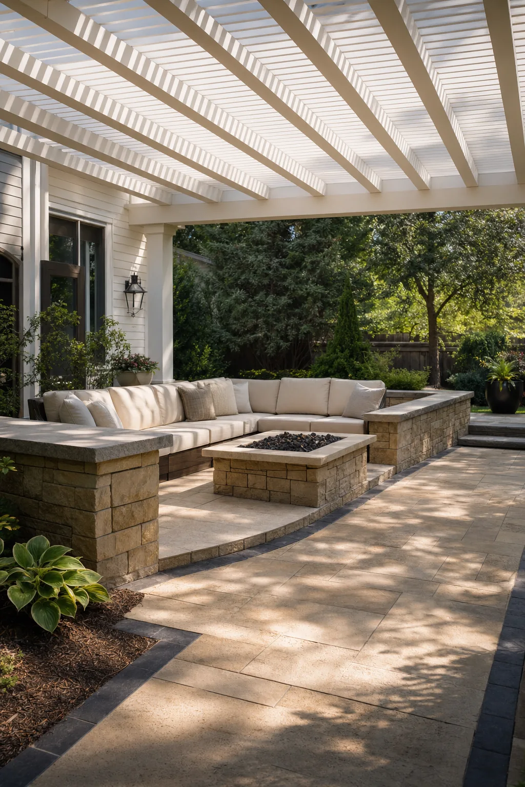 Shaded outdoor living room patio with seating wall and warm-toned pavers in Greenville SC backyard