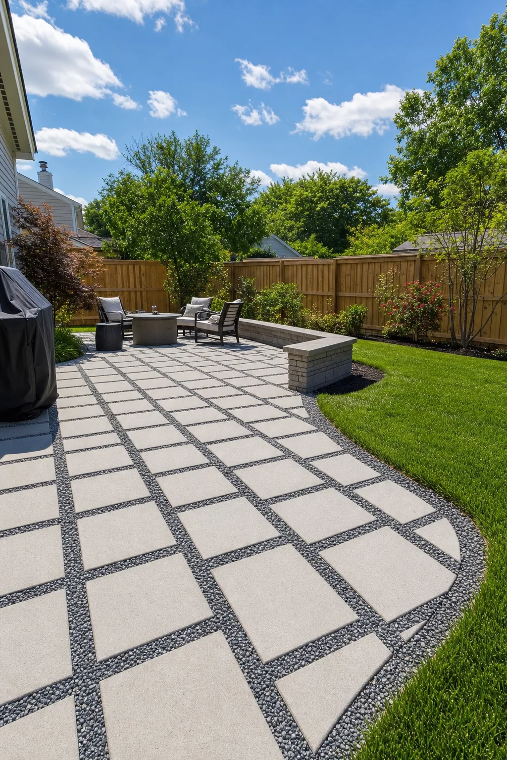 Permeable paver patio with open joints and gravel base installed in a Greenville SC backyard