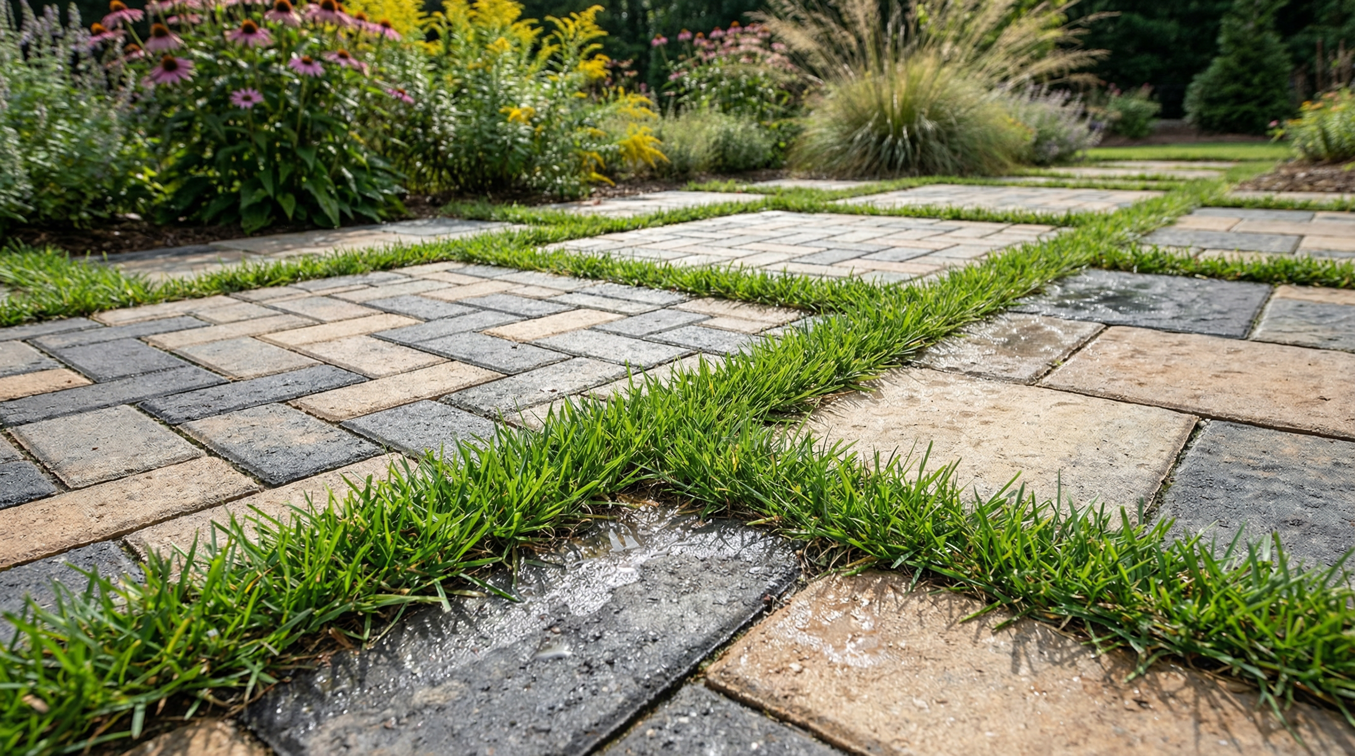 Eco-friendly permeable pavers with green grass growing between herringbone joints, native plantings in background, Upstate South Carolina