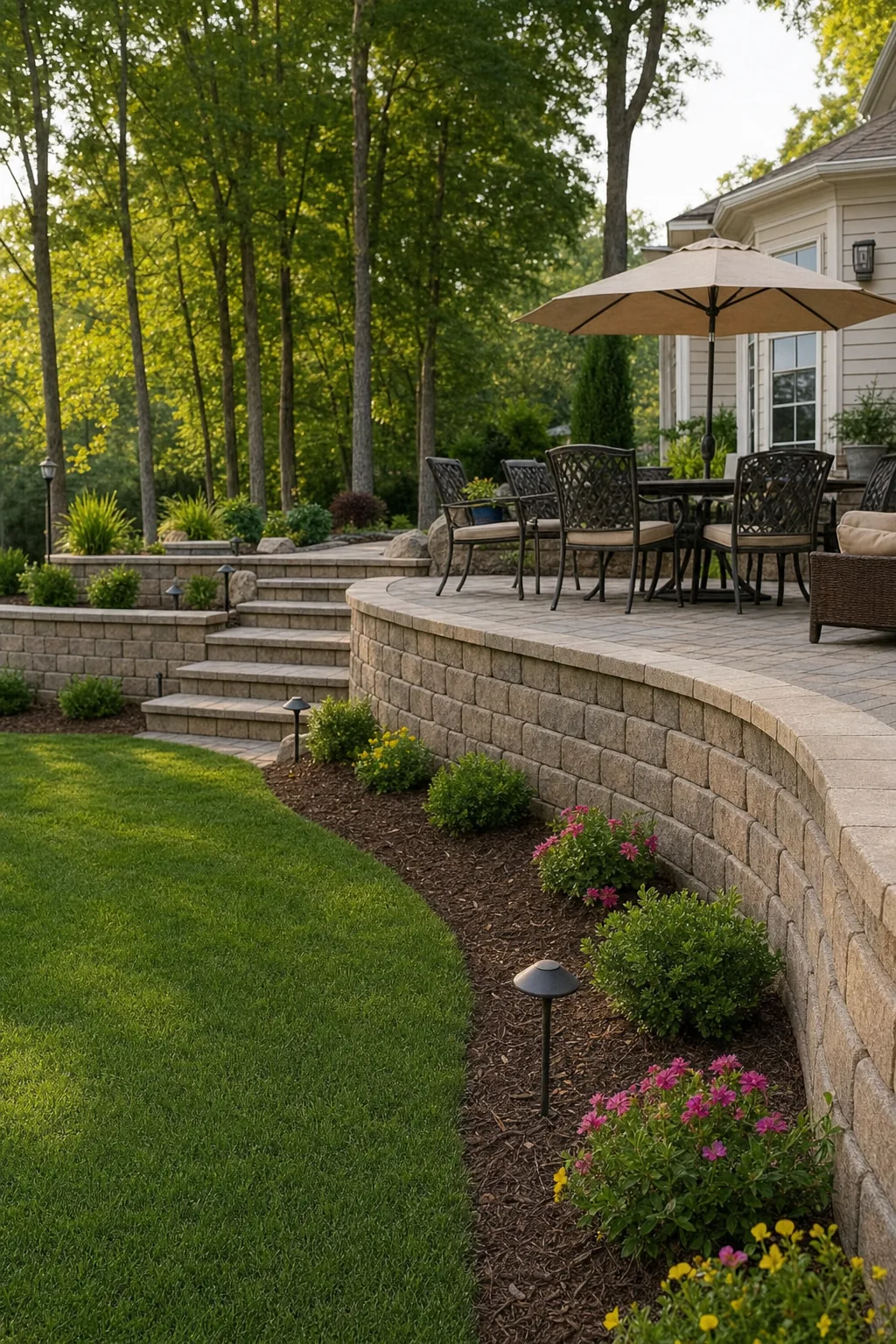 Terraced retaining wall with paver patio and seating area in a sloped Upstate South Carolina backyard