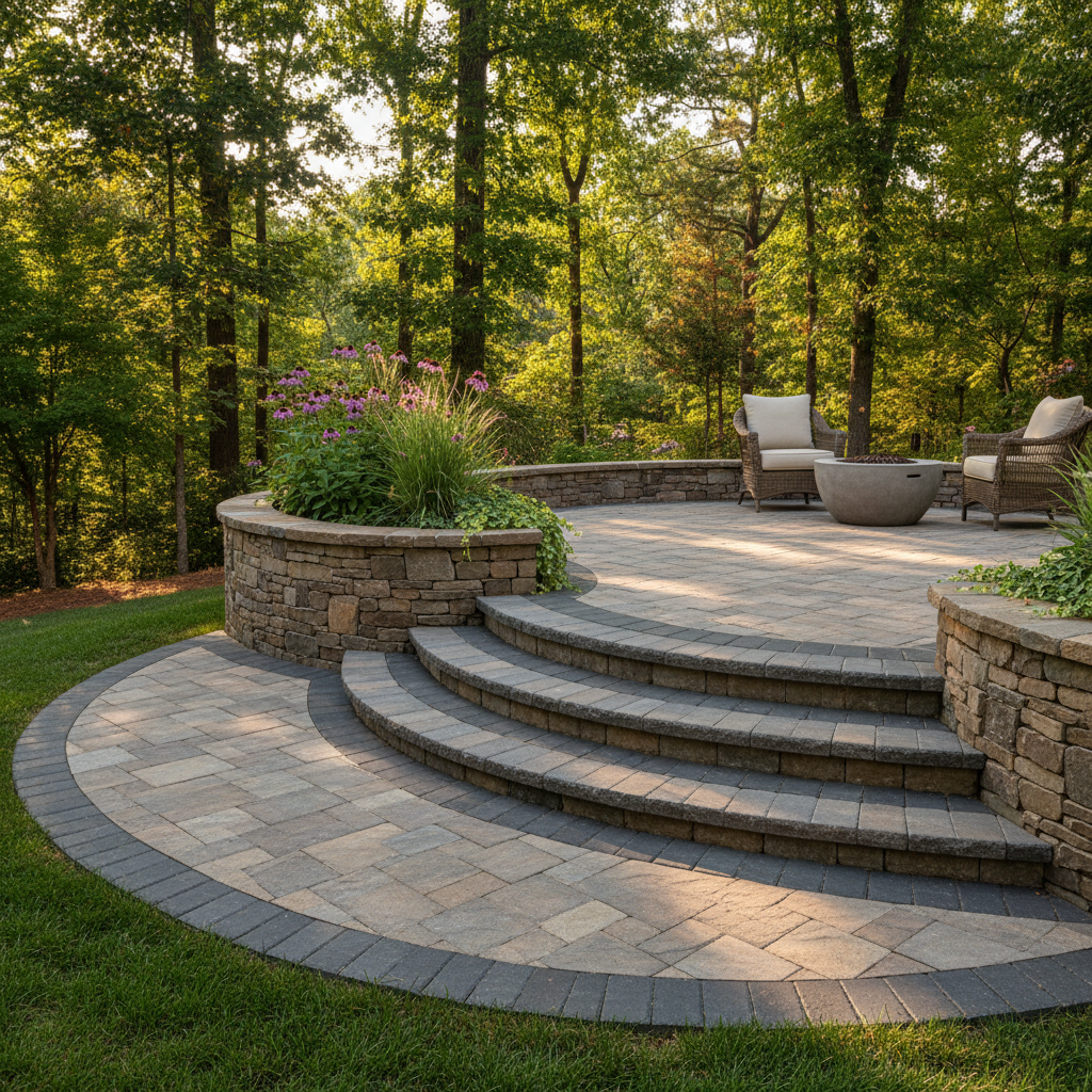 Multi-level tiered paver patio in a small Greenville SC backyard with retaining wall and outdoor seating