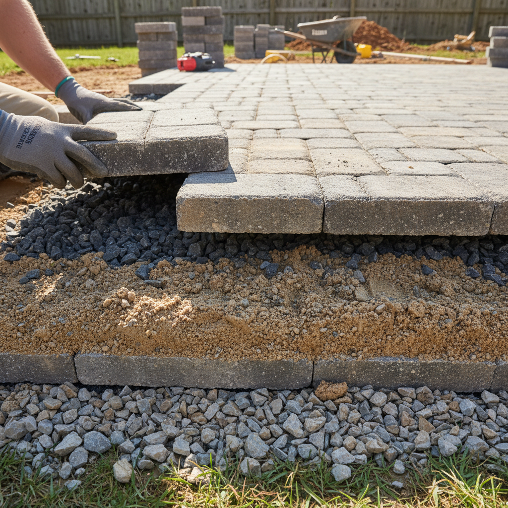 Proper gravel base and drainage layer being installed under Belgard pavers in Greenville SC