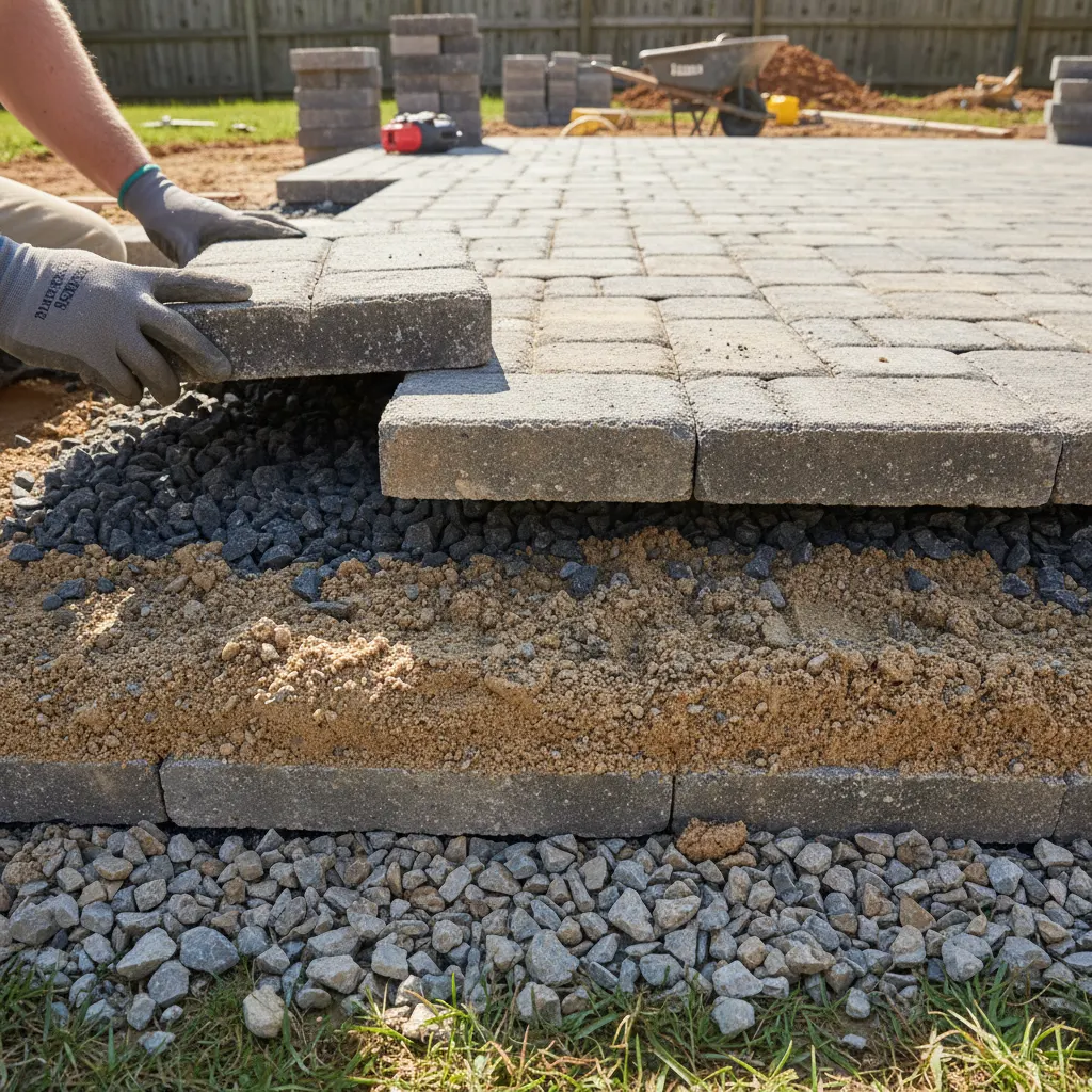 Proper gravel base and drainage layer being installed under Belgard pavers in Greenville SC