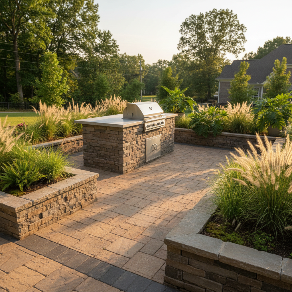 Belgard paver patio with stacked stone outdoor kitchen island and herb garden wall in Spartanburg SC
