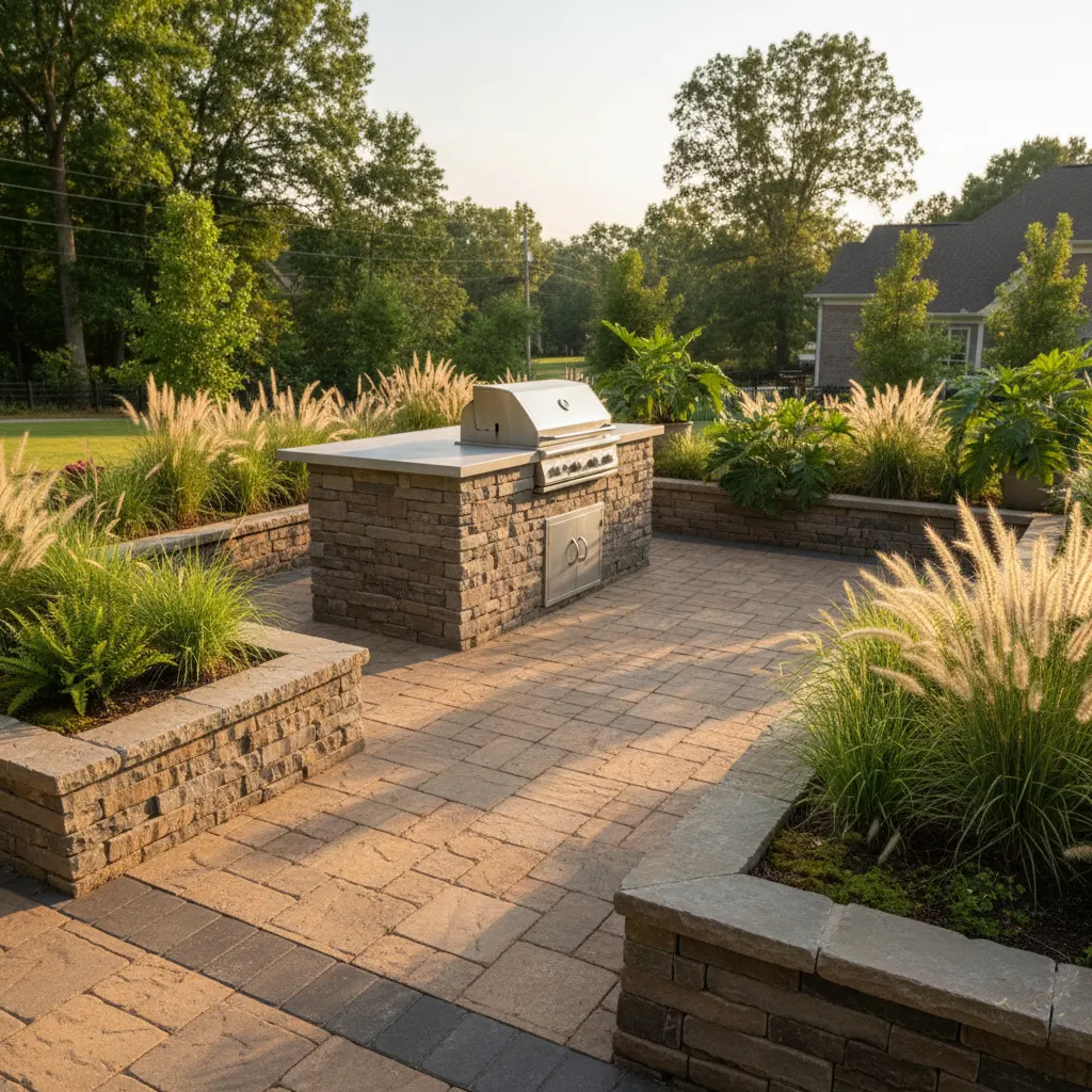 Belgard paver patio with stacked stone outdoor kitchen island and herb garden wall in Spartanburg SC