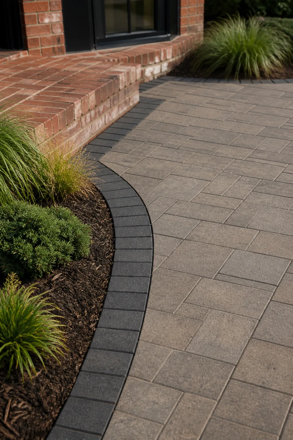 Warm gray paver field with a charcoal border beside a red brick step and planted bed