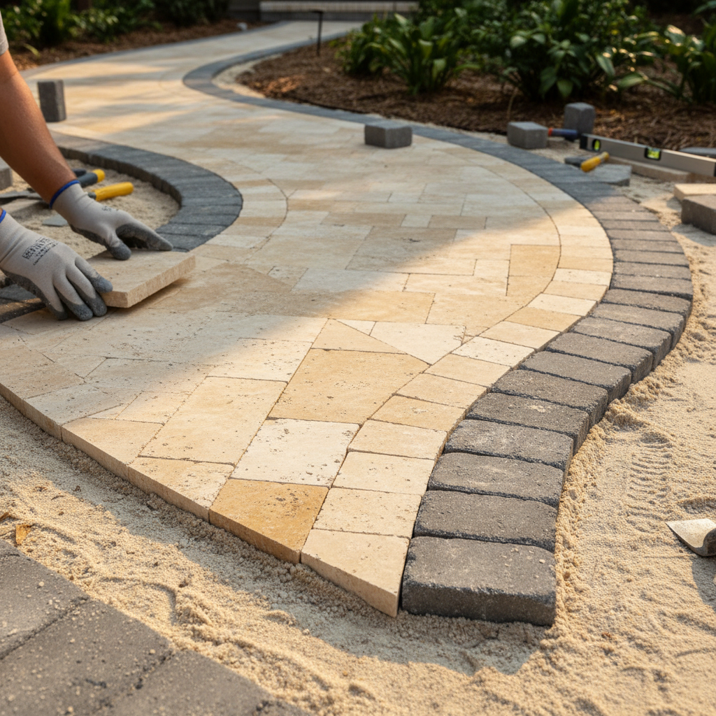 Close-up of travertine and Tremron paver materials being laid in a curved pattern for an Upstate SC walkway