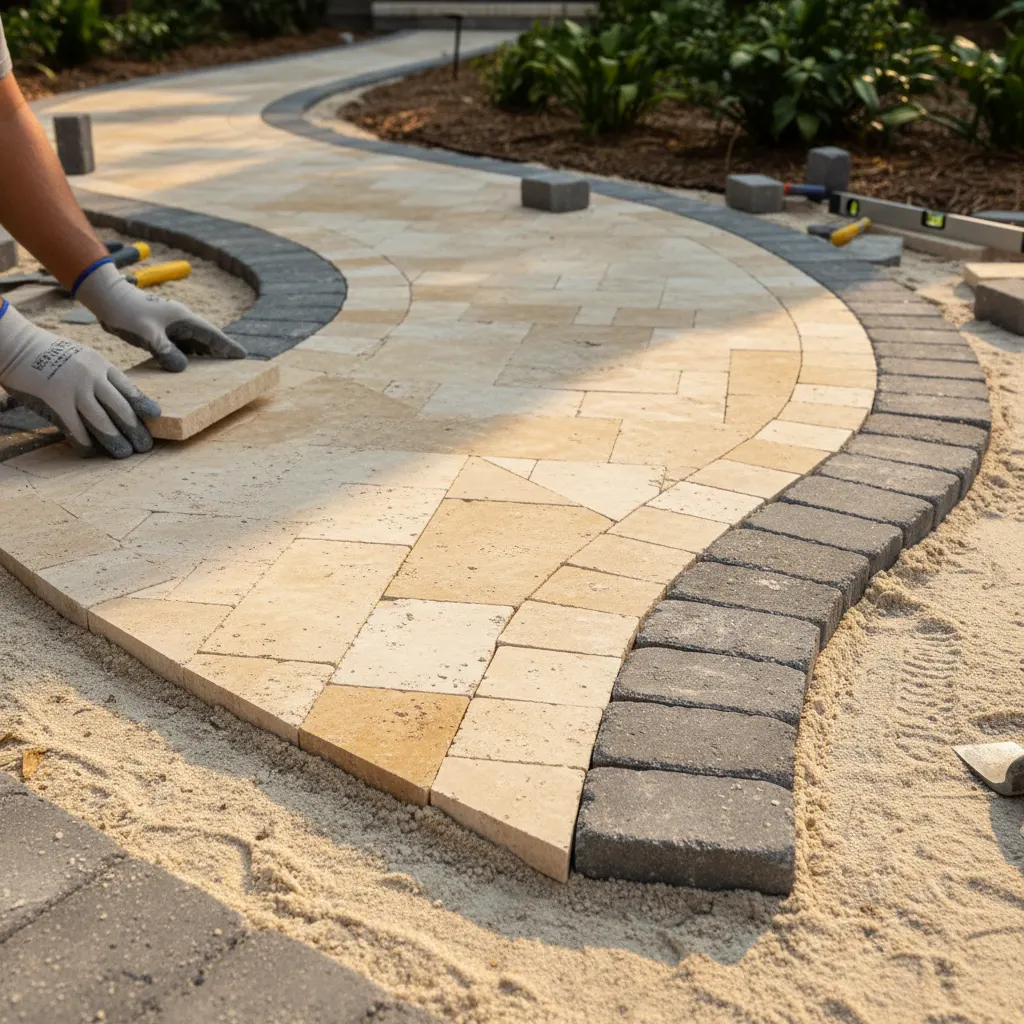 Close-up of travertine and Tremron paver materials being laid in a curved pattern for an Upstate SC walkway