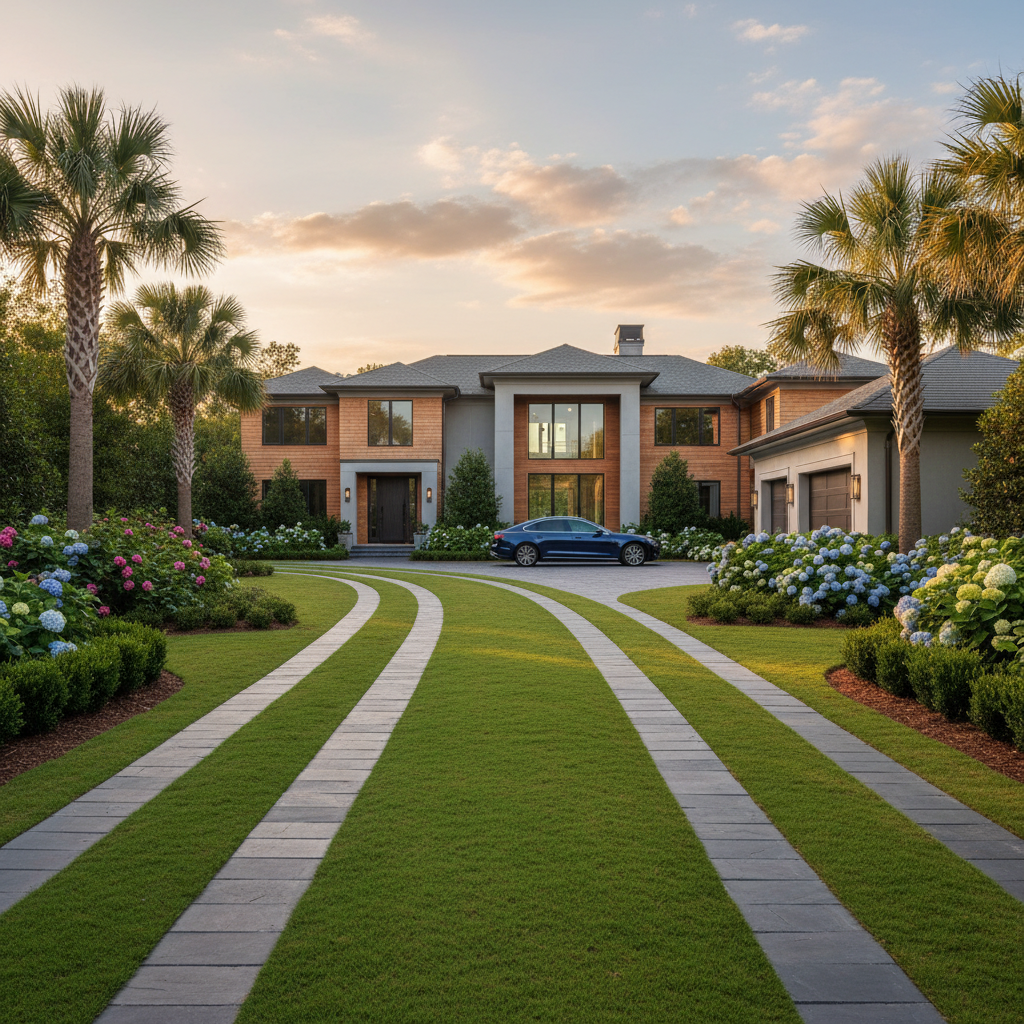 Ribbon driveway design with contrasting paver bands and planted center strip at an Upstate South Carolina home