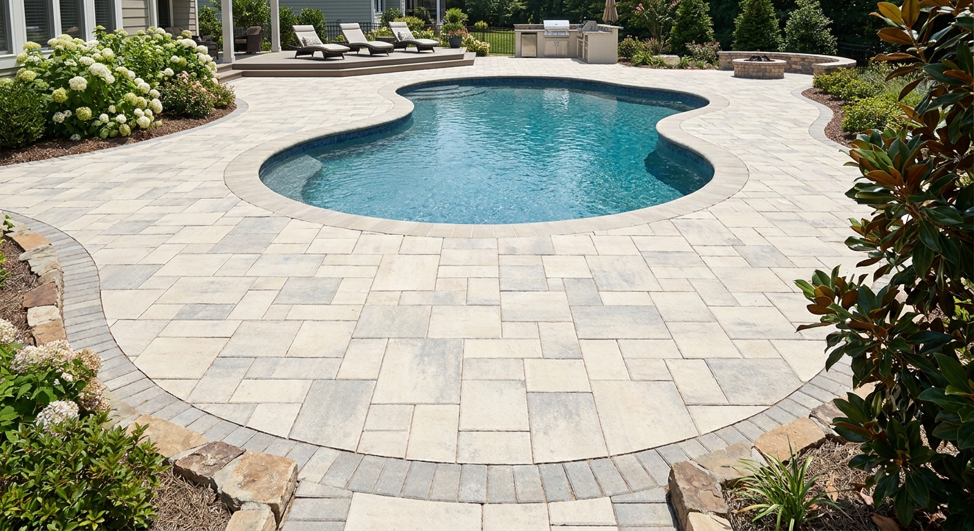 Elegant Belgard paver pool surround with light-toned stones installed around a backyard pool in Simpsonville South Carolina by Southern Pavers