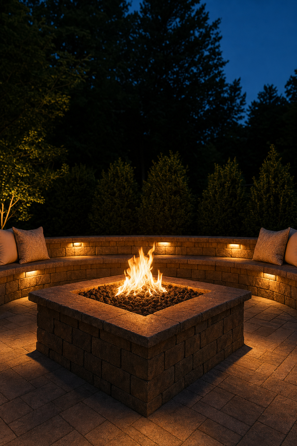 Built-in fire pit with curved paver seating wall and evening lighting in Spartanburg SC backyard
