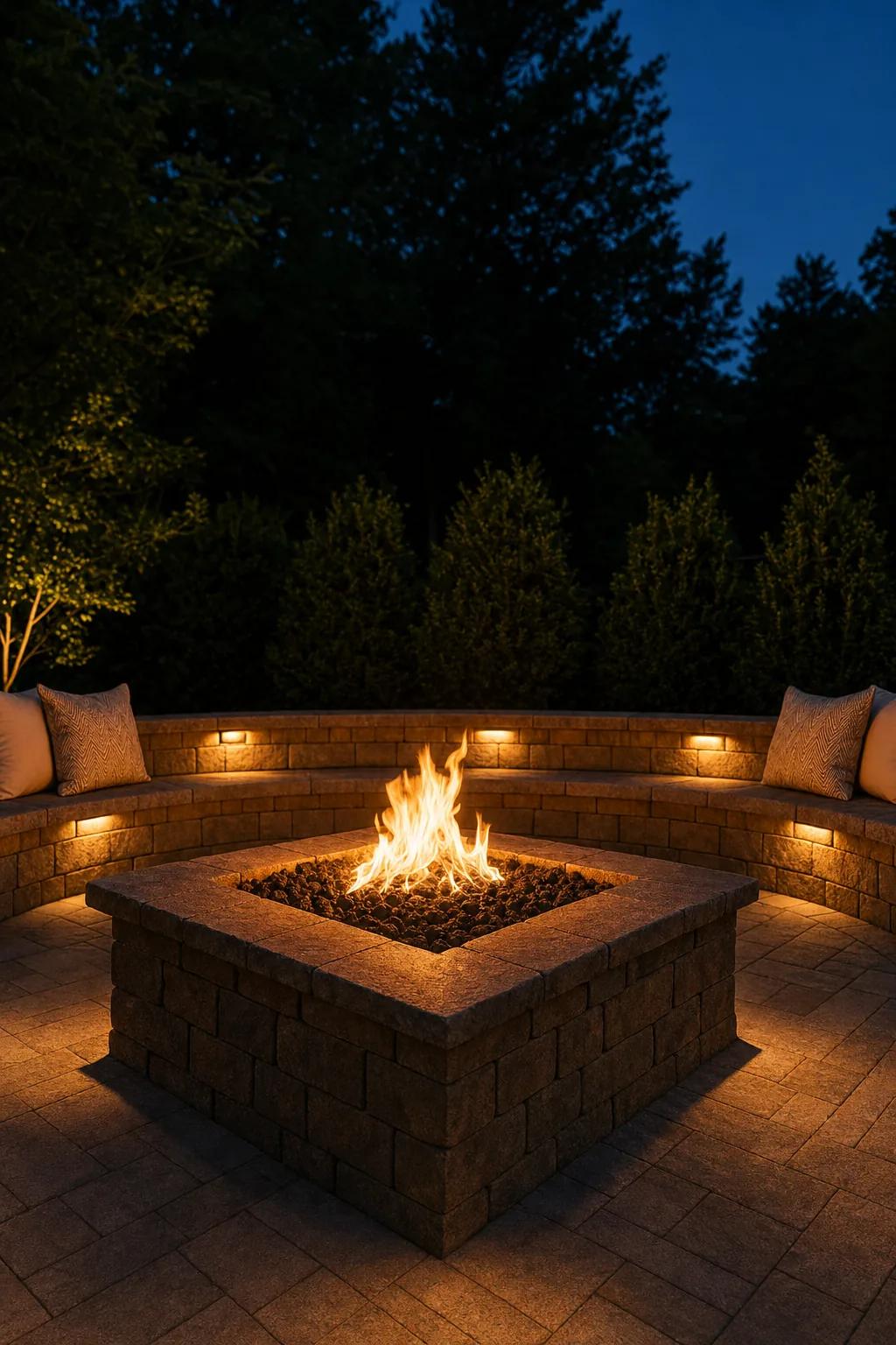 Built-in fire pit with curved paver seating wall and evening lighting in Spartanburg SC backyard