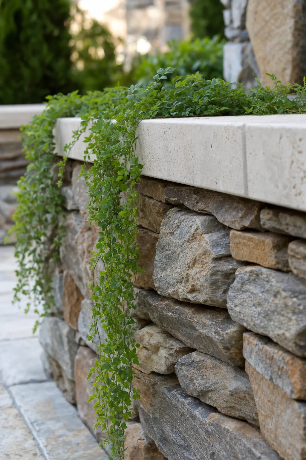 Close-up of natural stone and Belgard segmental retaining wall with travertine cap in a South Carolina landscape