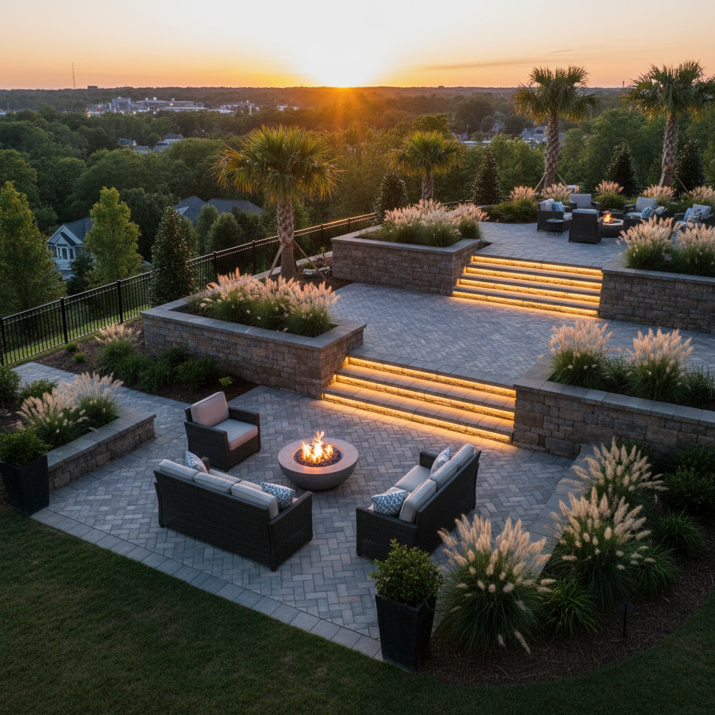 Belgard paver tiered patio with stone retaining wall and landscape lighting in Spartanburg SC backyard