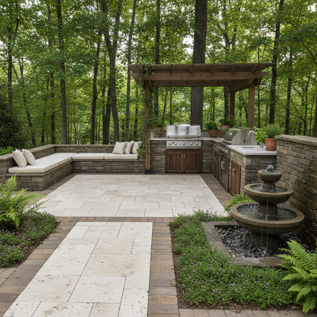 Travertine paver outdoor kitchen patio with water feature and native plantings in Simpsonville SC