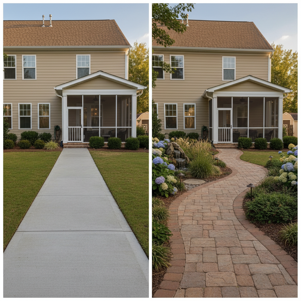 AI-visualized curved paver pathway design for a Greenville South Carolina home showing before and after layout