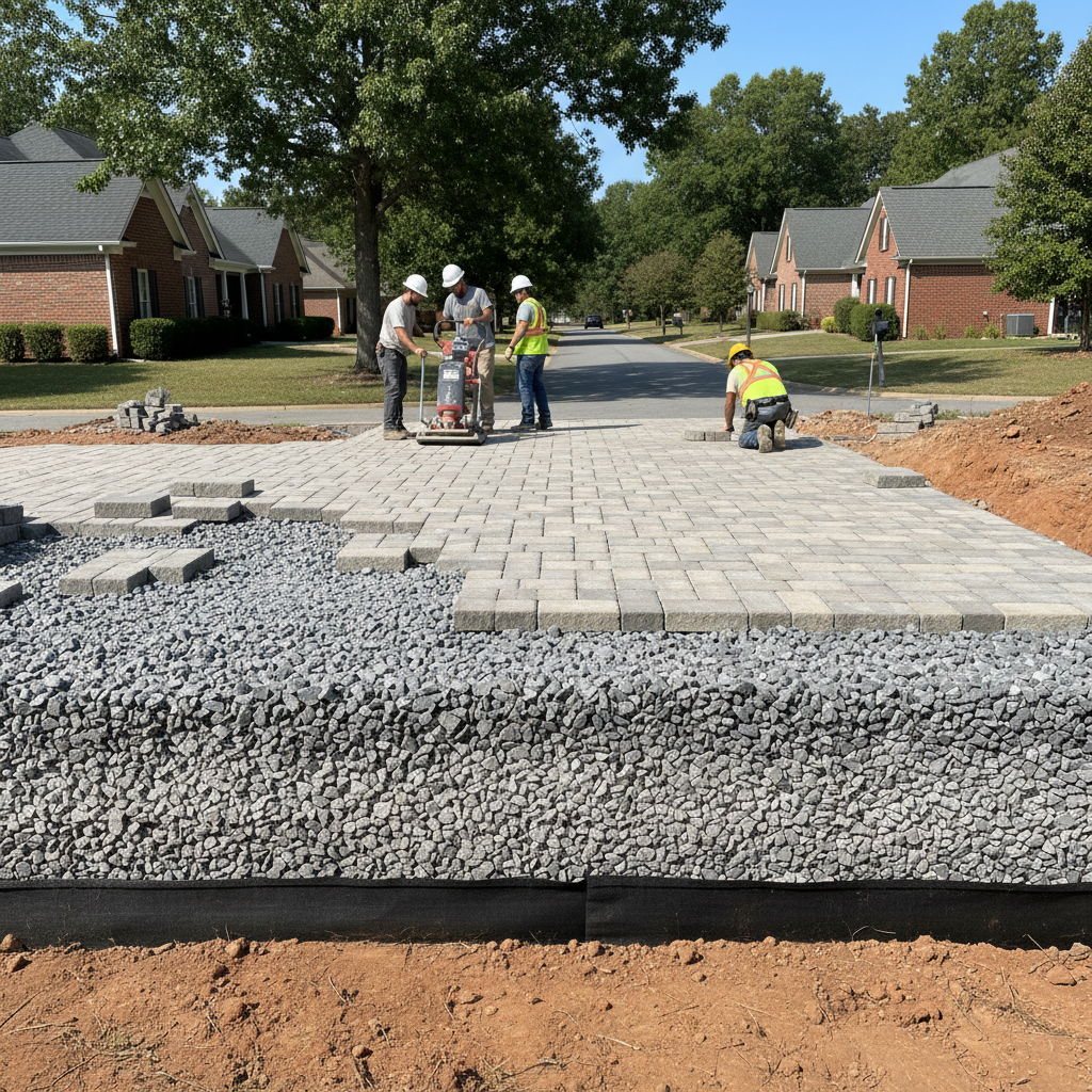 Permeable paver driveway system installation showing aggregate base layers at a Spartanburg County home