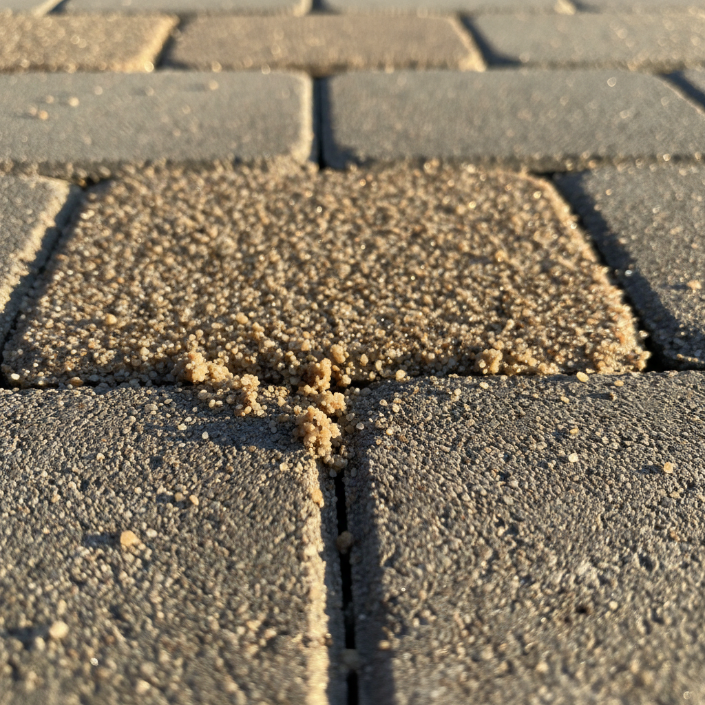 Close-up of polymeric jointing sand between low-maintenance pavers on a Greenville SC patio
