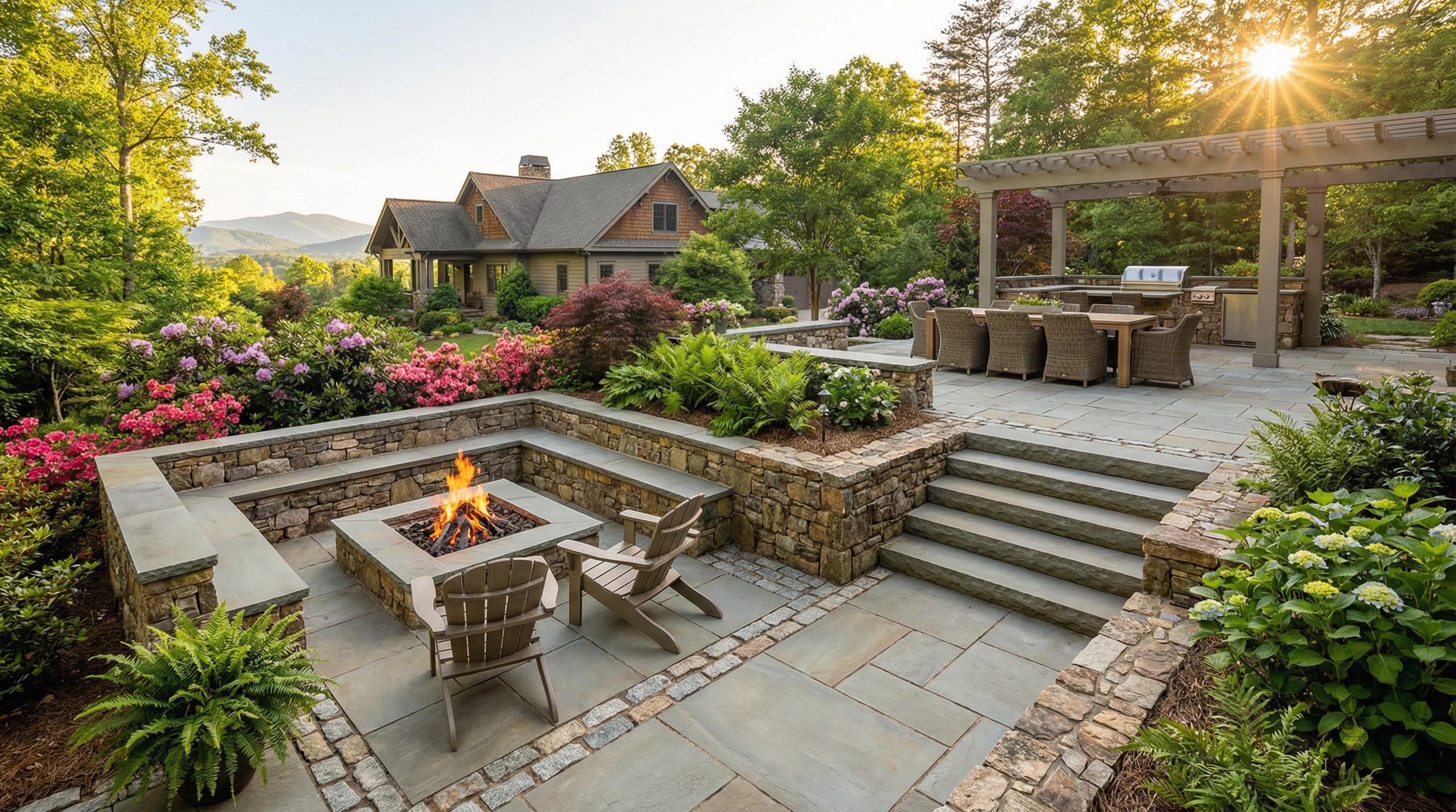 Multi-level paver patio with natural stone retaining walls, fire pit lounge on lower level, dining terrace on upper level with mountain views in Upstate South Carolina