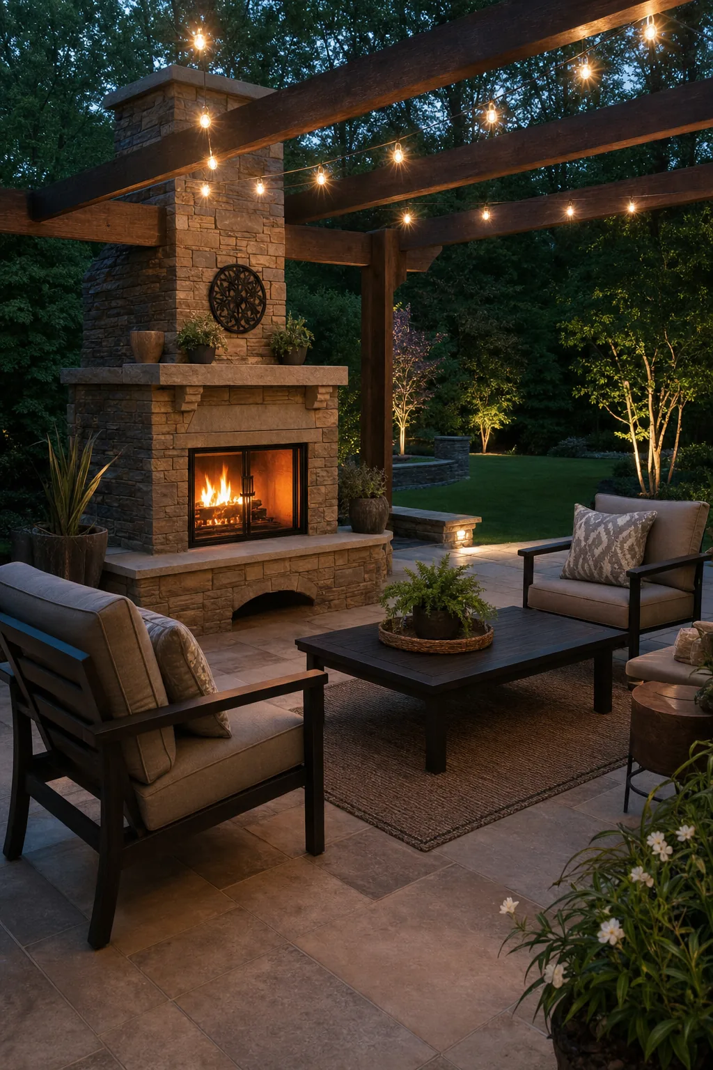 Warm-toned paver patio with outdoor fireplace, string lights and evening ambiance in Greenville SC