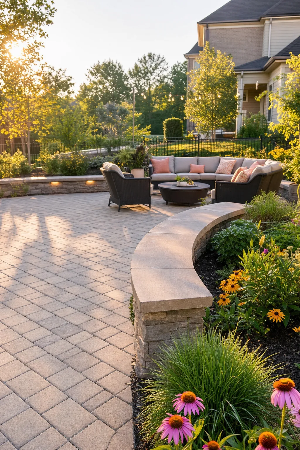 Completed permeable paver patio with seating area and native plantings in a Simpsonville SC backyard