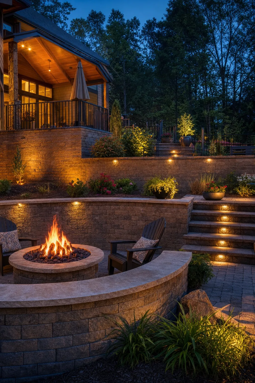Multi-level terraced backyard with retaining walls, paver patio, fire pit, and integrated seating wall at dusk in Upstate South Carolina