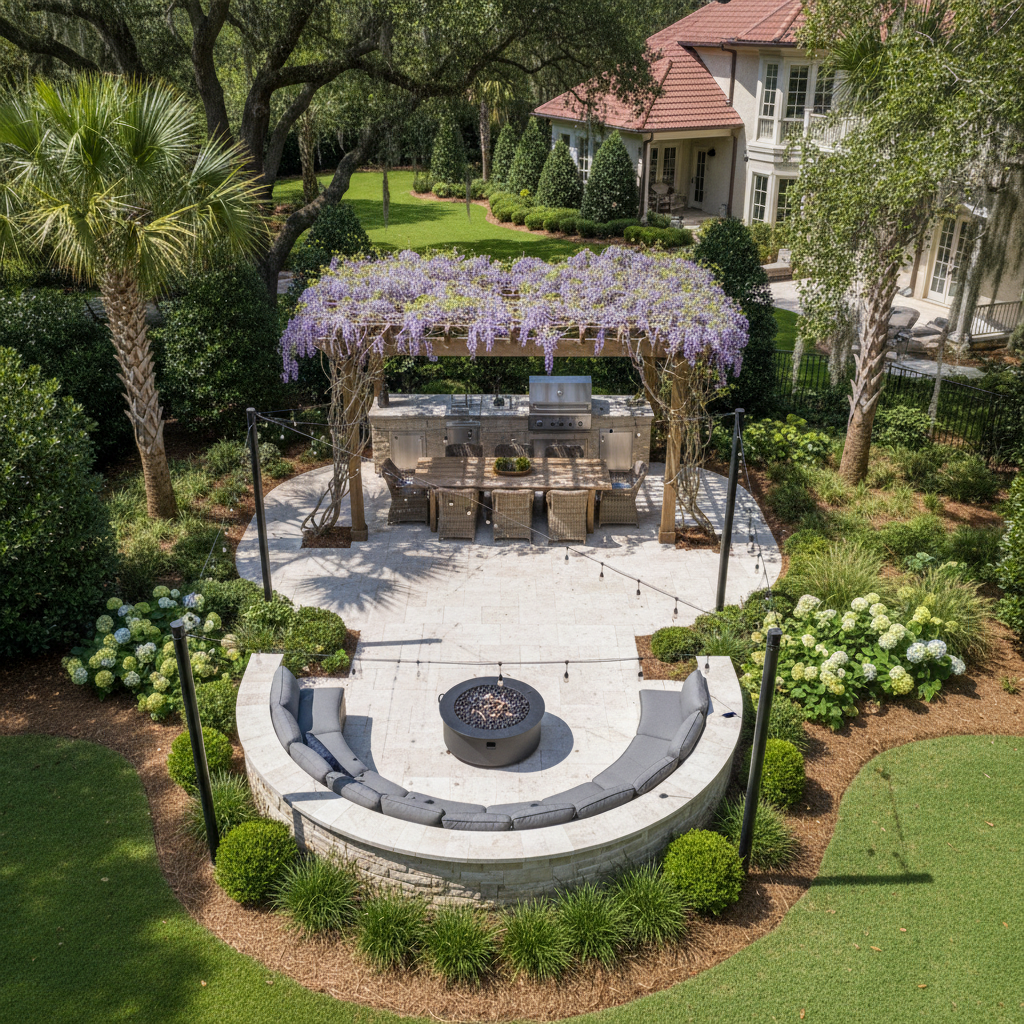 Compact backyard patio with built-in seating wall, fire bowl, and outdoor kitchen in Anderson SC