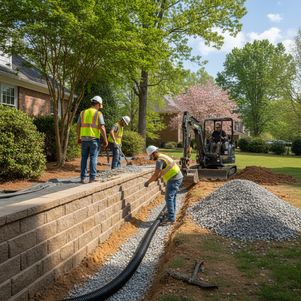 Southern Pavers team installing a French drain and retaining wall drainage system in Greenville SC