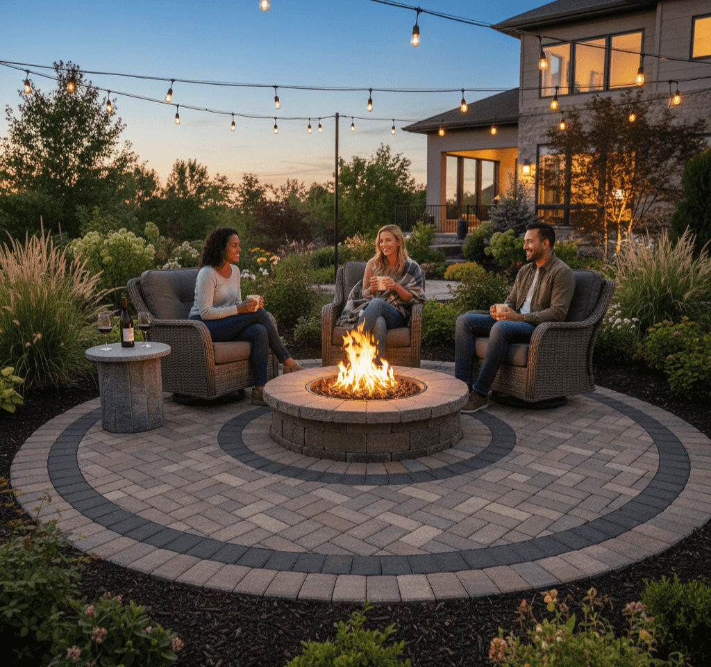 A beautiful paver fire pit at night, surrounded by seating.