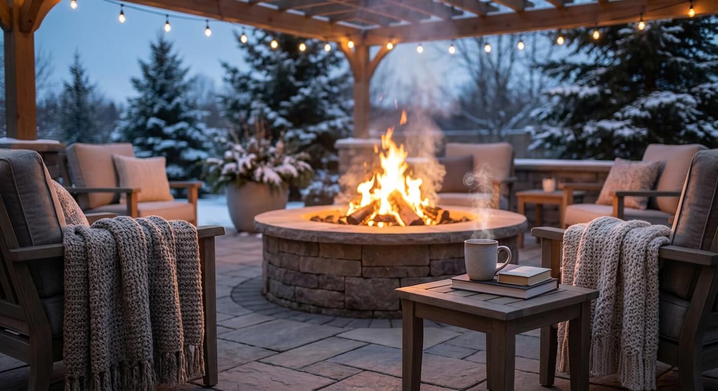 A fire pit on a patio at dusk.