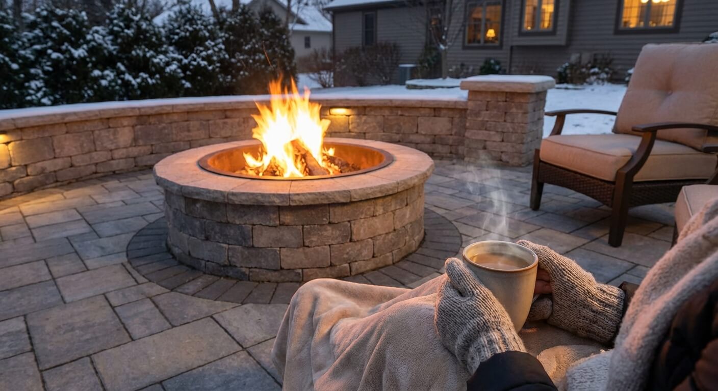 A custom paver fire pit with a curved seating wall