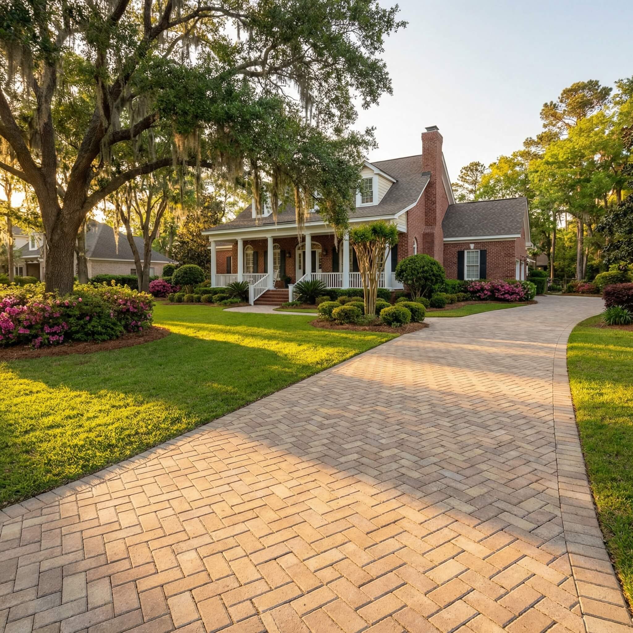 Paver driveway at a South Carolina home in spring