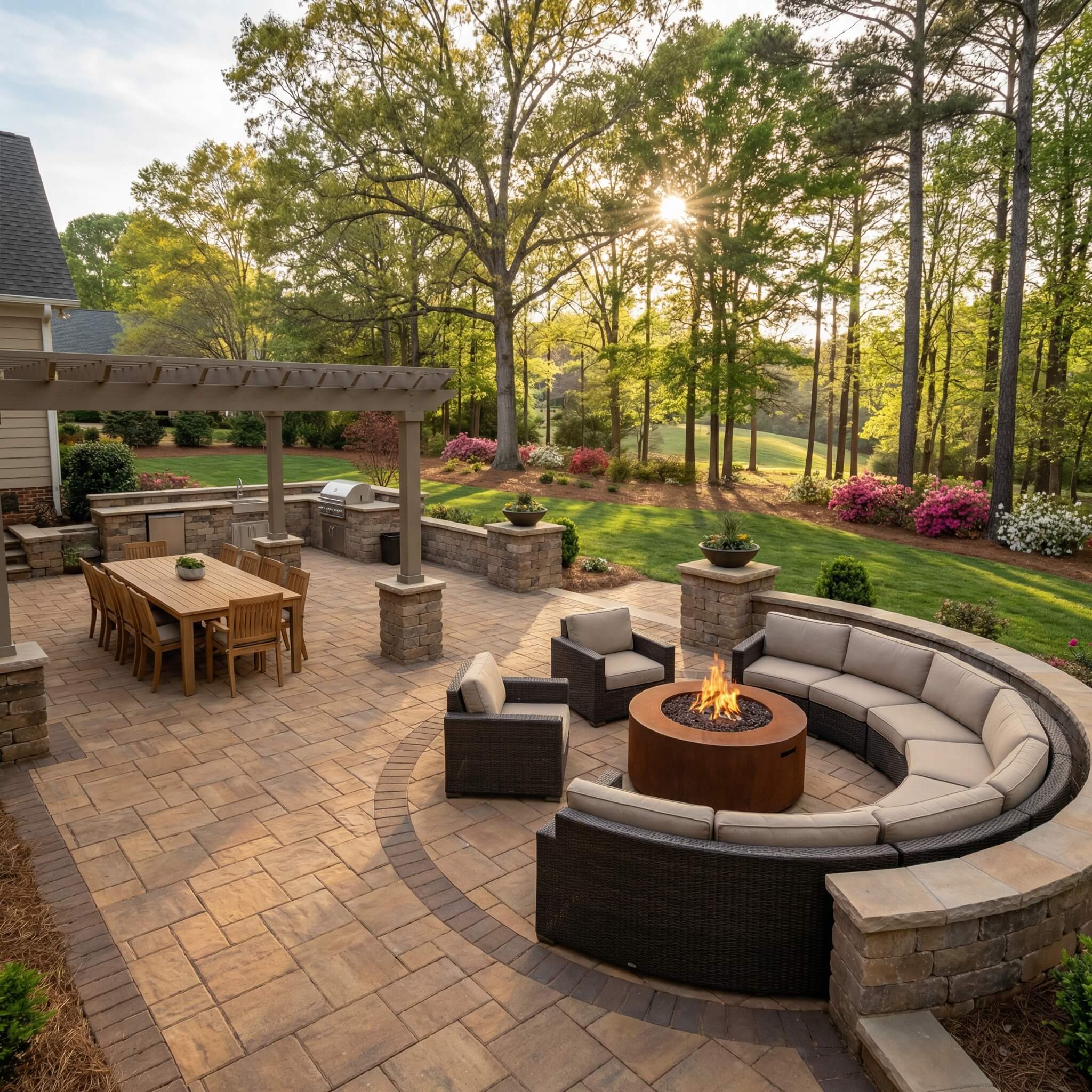 Multi-zone paver patio with fire pit and outdoor kitchen in Upstate South Carolina