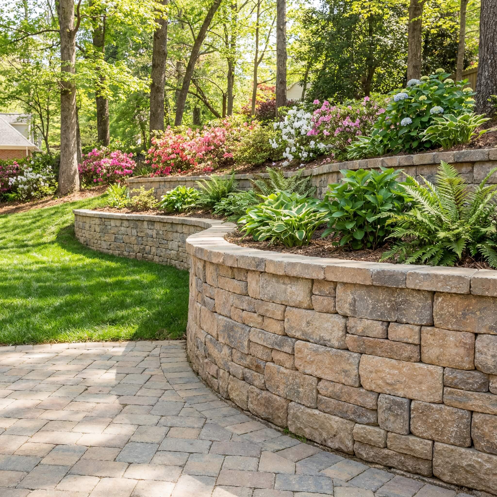 Paver retaining wall with lush spring landscaping by Southern Pavers in Upstate SC