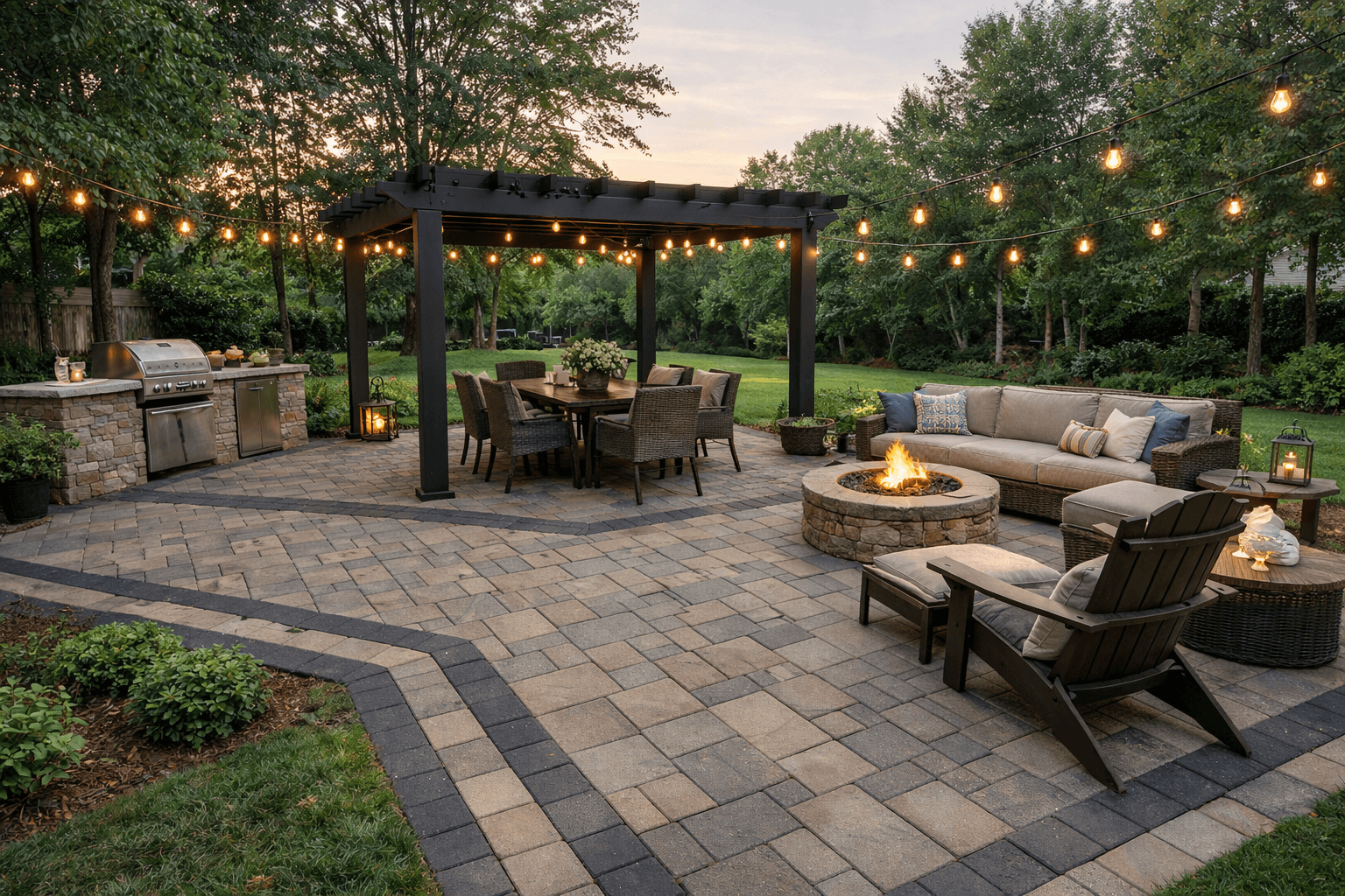 Cozy outdoor fireplace and pergola setting