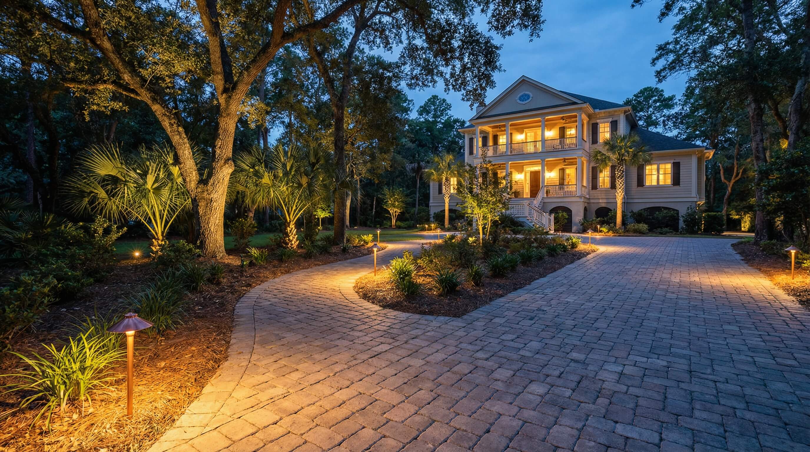 Beautiful landscape lighting on a driveway