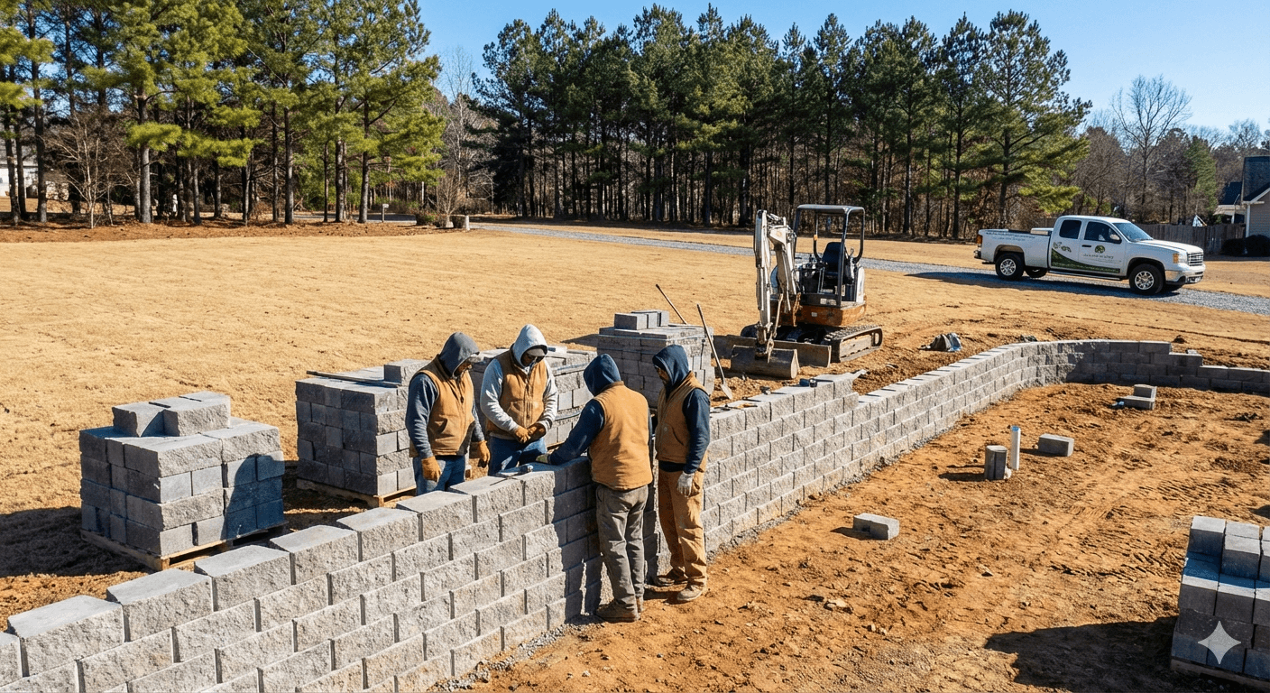 Construction crew working on a retaining wall