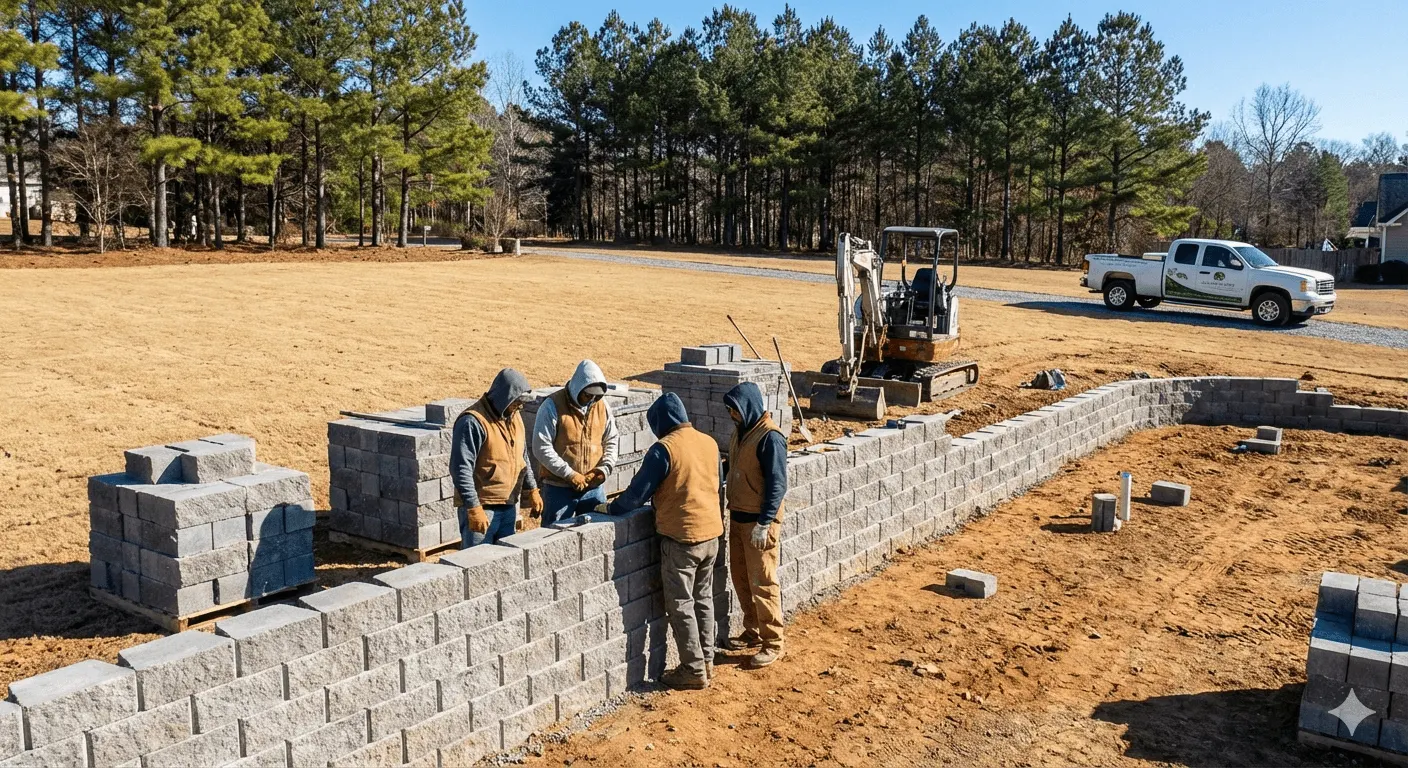 Construction crew working on a retaining wall