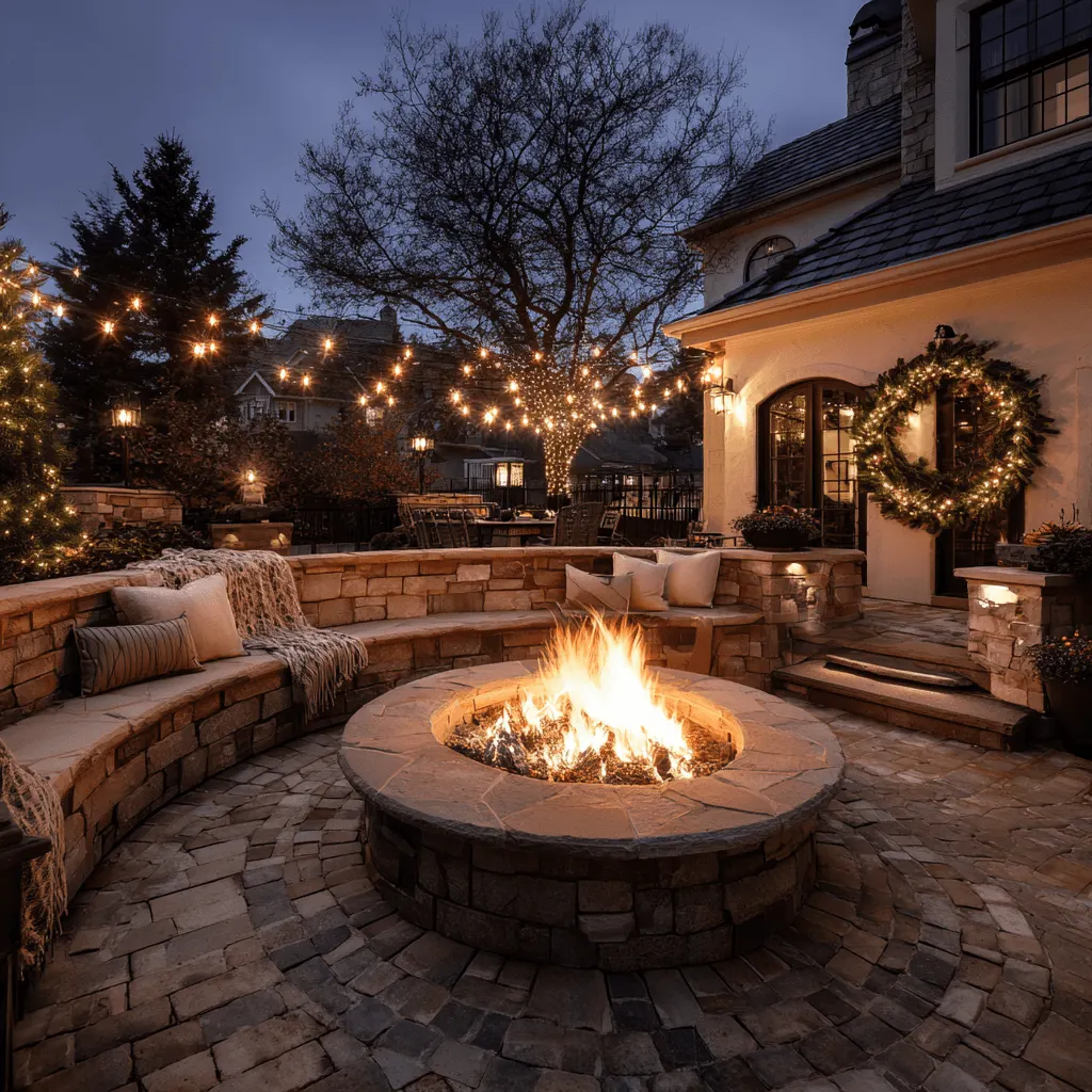 Custom paver fire pit with built-in seating for holiday gatherings